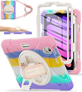 BRAECNstock Kids Case for Apple iPad mini 7 (A17 Pro) 2024/ Mini 6 8.3 Shockproof Protective iPad mini 7th/6th Gen Case with Screen Protector Pen Holder [Rotating Stand+Hand Strap] Colorful Pink