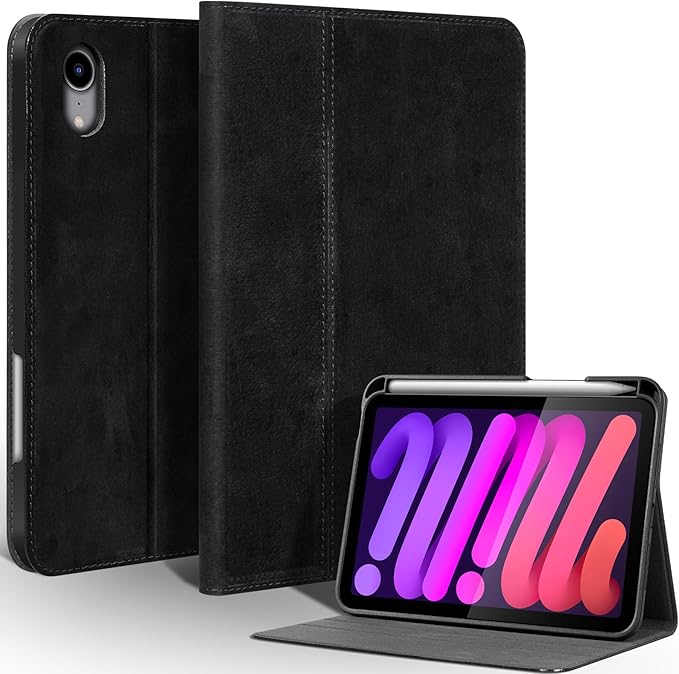Gexmil Leather Case for iPad mini 7 (A17 Pro) 2024 / iPad mini 6 Generation 2021 8.3 InchPremium Cowhide Cover with Pencil HolderAdjustable Stand Auto Wake/SleepSanded Black