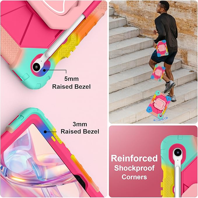 Case for Samsung Galaxy Tab S10 Lite/S10 FE/S9 FE 10.9 Inch Samsung Tab S9 11 Inch Rugged Galaxy S10 Tablet Cover with Pen Holder 360 Rotating Stand Shoulder Strap Screen Protector Rainbow