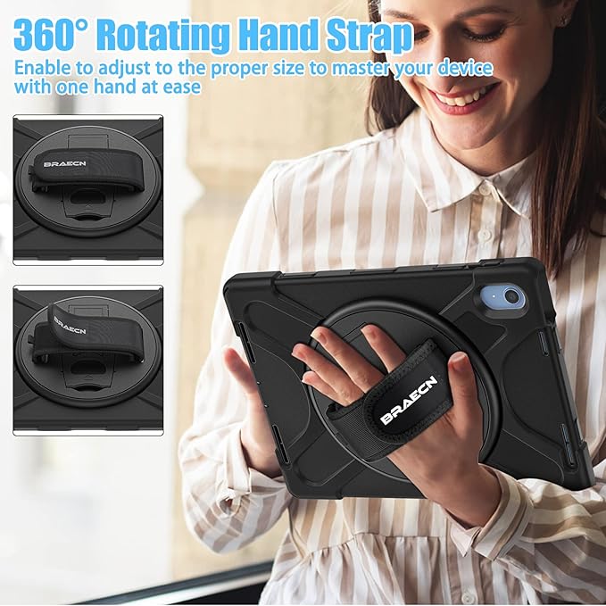 BRAECNstock for Apple iPad (A16) 11th/10th Generation Case 11/10.9 2025/2022 Shockproof Protective Case with Screen Protector Pencil Holder 360° Rotating Stand &amp Hand Strap Shoulder Strap B