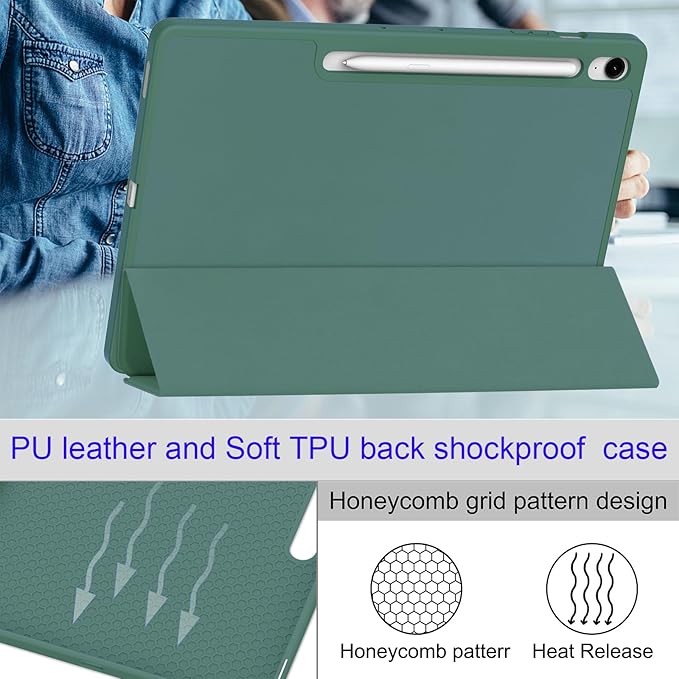 for Galaxy Tab S10 FE Plus Case 13.1 Inch 2025 (Model: SM-X620/X626B) Trifold Stand Cover with S Pen Holder [Auto Wake/Sleep] PU Leather Soft TPU Back Shell for Tab S10 FE+ 13.1 DarkGreen