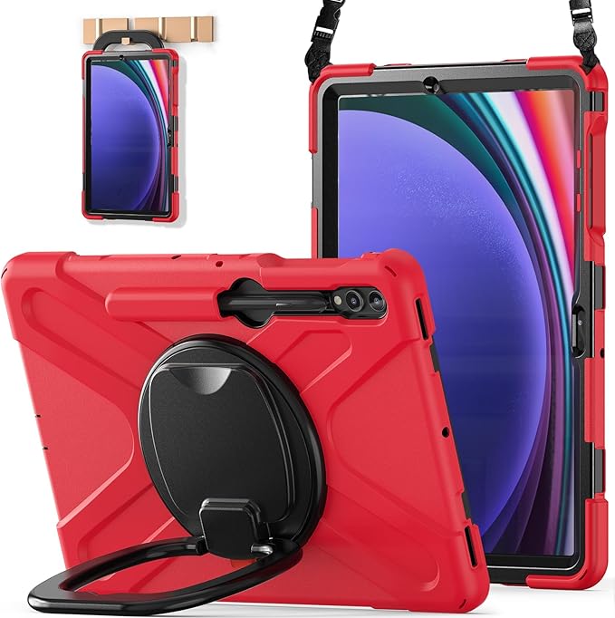 BATYUE Case for Samsung Galaxy Tab S10+ Plus /S9 FE+ Plus /S9+ Plus /S8+ Plus /S7+ Plus /S7 FE 5G 12.4 inch Shockproof Protective Tablet Case with Shoulder Strap Kickstand Red