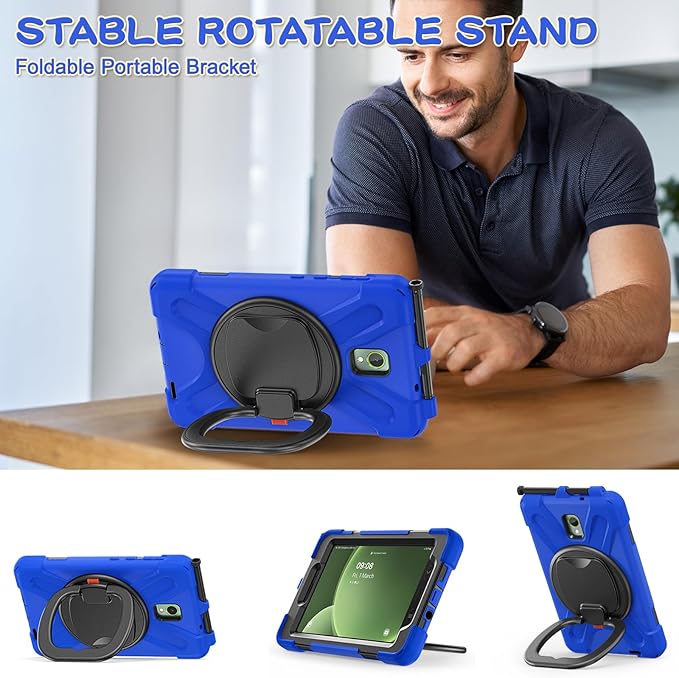 Rugged Case for Samsung Galaxy Tab Active5 5G (SM-X306B/X300) w/ 360° Rotating Hanging Ring Handle Grip Kickstand Heavy Duty Shock-Proof Armor Cover w/Shoulder Strap Stylus Holder (Blue)
