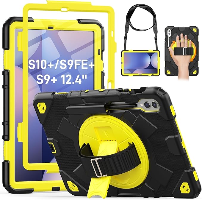 HXCASEAC Case for Samsung Galaxy Tab S10+ Plus / S9 Fe+ / S9+ 5G 12.4 inch Protective with Screen Protector/S Pen Holder/ 360 Rotating Stand Hand Strap - Yellow