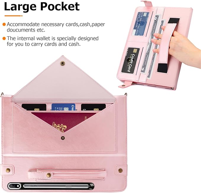 Dteck Galaxy Tab S10/S9/S8 Case Business PU Leather Folio Stand with S Pen Holder Card Slots Shoulder Hand Strap Wallet Rosegold