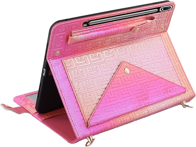 Shiny Case for Samsung Galaxy Tab S8+/S7+/S7 FE 12.4 Handbag with Hand Strap Techcircle Iridescent PU Folio Envelope Pocket Stand Cover with Shoulder Strap+Pen Holder+Card Slots Shiny Rose Pink