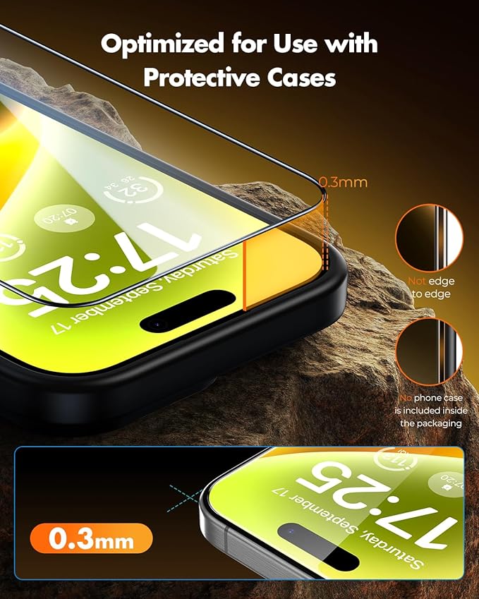 UNBREAKcable iPhone 15 Pro Screen Protector [3-Pack] Tempered Glass with Auto-Align Tech for Easy Install 9H+ Hardness Anti-Fingerprint Ultra-Clear Full-Coverage Protection 6.1-Inch