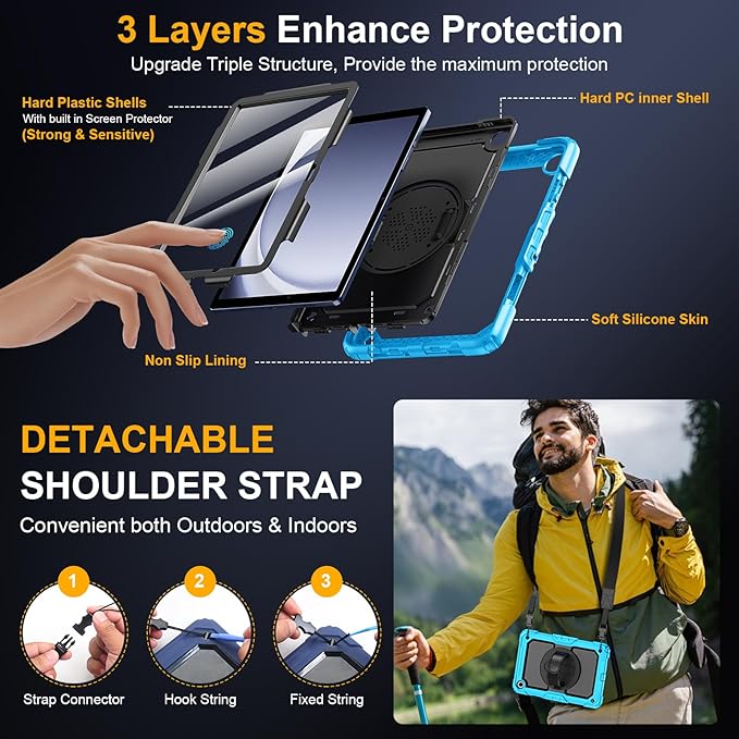 Case for Samsung Galaxy Tab A9+/A9 Plus 11 Inch 2023(SM-X210/X216/X218) Ubearkk Full-Body Drop Protection Case with Screen Protector 360° Rotating Stand and Hand/Shoulder Strap Brightblue
