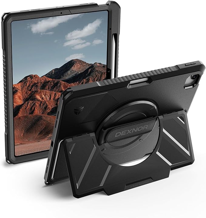 Dexnor Case for iPad Air 13 inch M4/M3/M2 (2026/2025/2024) Rugged Protective Case with 360° Rotating Hand Strap&amp Steady Stand&amp Screen Protector&amp Pencil Holder Shockproof Full-Body Bumper
