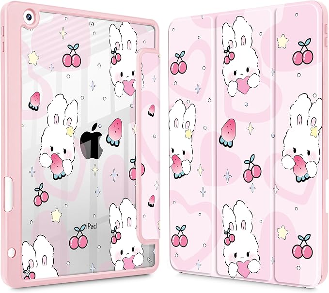for iPad 9th Generation with Pencil Holder iPad 8th/7th Gen Case 10.2-inch [Built in Pencil Holder] Trifold Stand Auto Wake/Sleep Clear TPU Protection Back Cover Rabbit &amp Strawberry