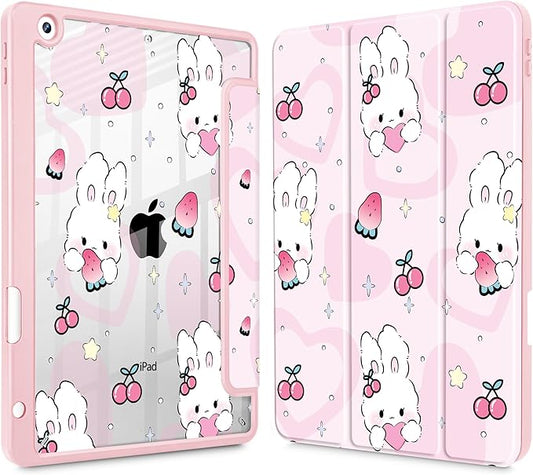 for iPad 9th Generation with Pencil Holder iPad 8th/7th Gen Case 10.2-inch [Built in Pencil Holder] Trifold Stand Auto Wake/Sleep Clear TPU Protection Back Cover Rabbit &amp Strawberry