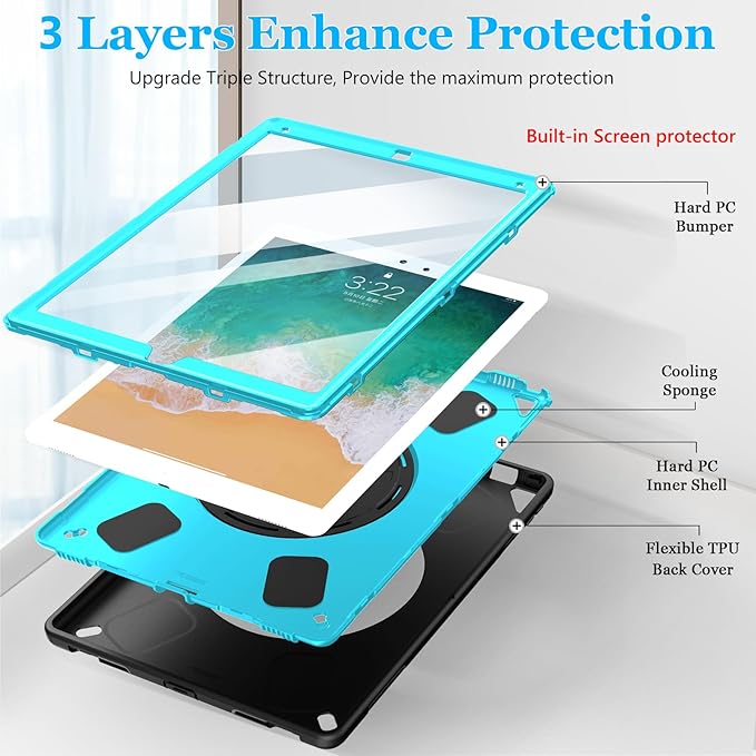 Case for iPad Pro 12.9 2nd Generation 2017&amp 2015 1st Generation Heavy Duty Rugged TPU Protective Cover with Screen Protector- Stand + Handle Hand &amp Shoulder Strap + Pencil Holder- Mint Green