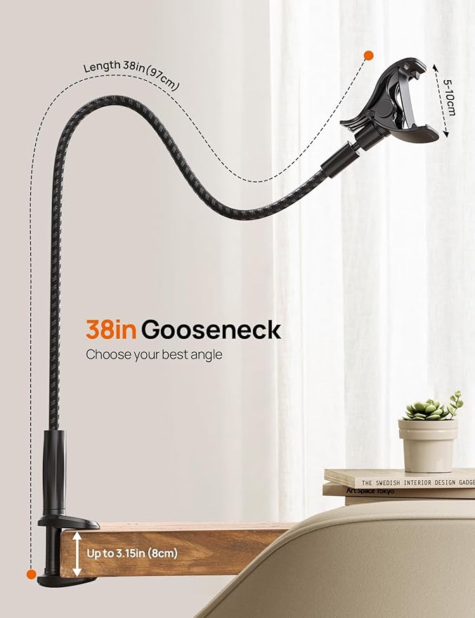 Aomiker Gooseneck Phone Holder for Bed - [2025 Upgrade Nylon Braid] 38” Long Flexible Lazy Arm Clip 360 Adjustable Overhead Phone Mount for iPhone 15 14 13 12 11 Pro Max Mini Plus all 4-7 Cellphone