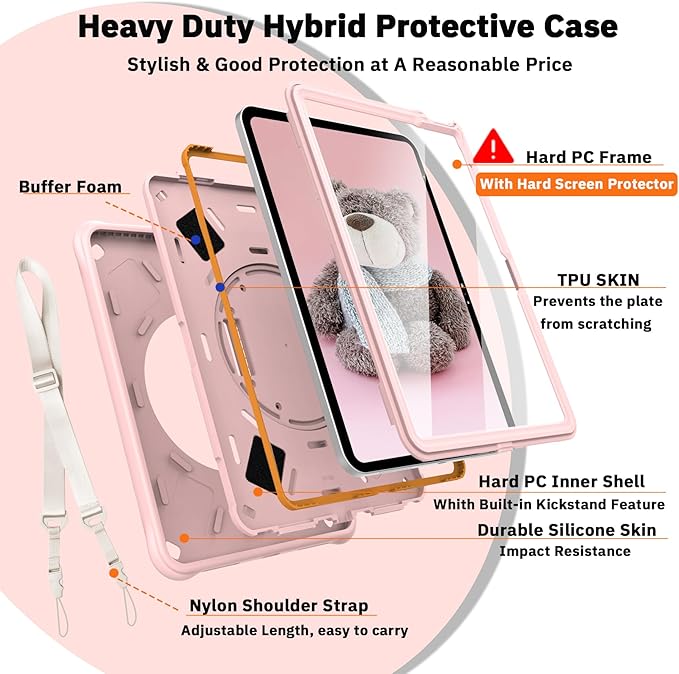 Case for iPad A16 11-inch (2025) &amp iPad 10th Gen 10.9-inch (2022) HD Screen Protector Strong Military-Grade Full-Body Shockproof Protection 360° Rotating Handle Strap &amp Shoulder Strap Pink