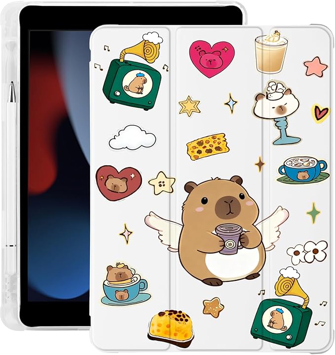 Cute Kawaii Capybara for iPad Air 3 Case with Pencil Holder Auto Sleep/Wake White Leather Soft TPU Back Cover for iPad Pro 10.5 Inch 2017