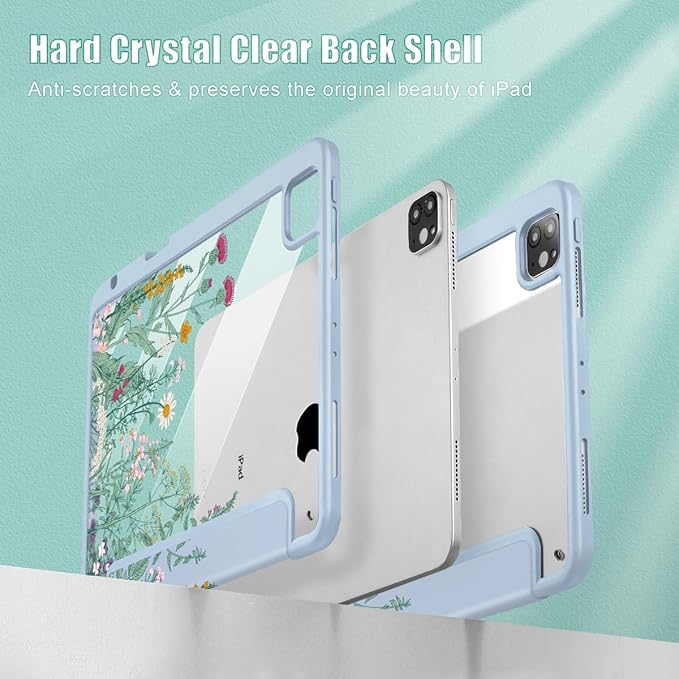 May Chen for iPad Pro 11 inch M2 4th Generation 2022 iPad Pro 11 3rd/2nd/1st Gen Case with Transparent Shockproof Back Cover [Built-in Pencil Holder Auto Sleep/Wake Herbs Flowers