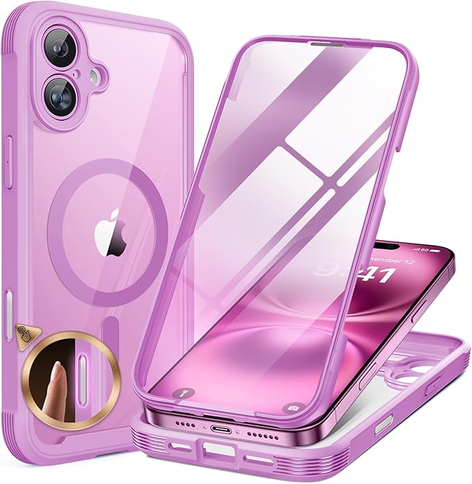 Miracase for iPhone 16 Case 6.1'' [Bubble Free] Full-Body Bumper Phone case with Built-in Full Glass Screen &ampCamera ControlNo GapCompatible with MagSafeDrop Proof 16 CoverPink