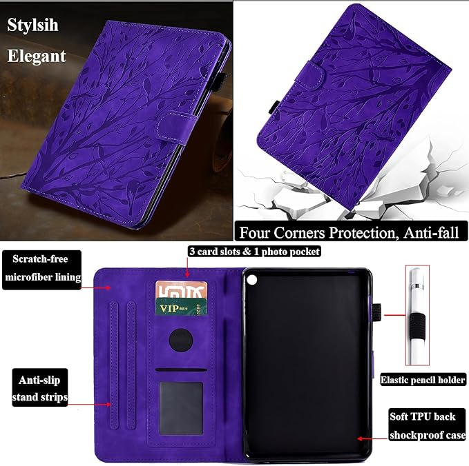 for Amazon Kindle Fire HD 8 &amp Fire HD 8 Plus Case (12th/10th Generation 2024/2022/2020) 8 UUcovers Embossed Magneic Smart Cover with Stand/Pencil Holder [Auto Sleep/Wake] Purple Lucky Tree