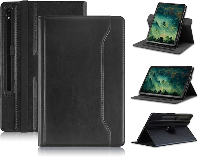 Case Compatible with Tablet Samsung Galaxy Tab S9 FE Plus S9 Plus S8 Plus S7 FE S7 Plus 12.4 InchCover 360° Rotating Stand PU Leather for Galaxy Tab S9 FE+ S9 + S8+ S7+12.4Black