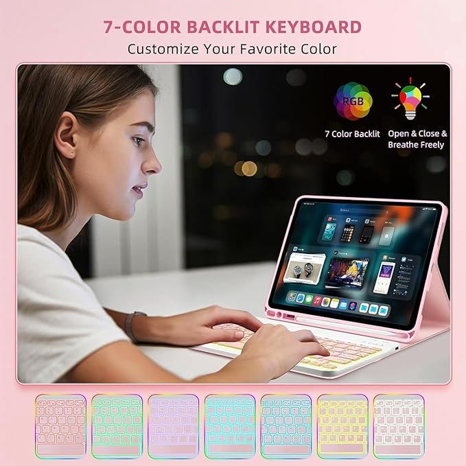 Keyboard Case for Amzaon Fire HD 10/10+ Plus (11/13th Generation) Case with Keyboard - 7 Colors Backlit Keyboard Protective Case and Mouse (Pink)
