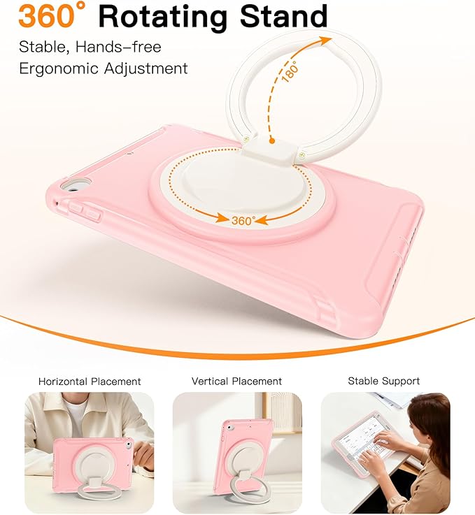 BATYUE Shockproof Case for iPad mini 4/5 (2015/2019) - 360° Multi-Angle Stand (Portrait &amp Landscape) &amp Grip Pencil Holder (Elastic Loop) Multi-Scene for All Ages Pink