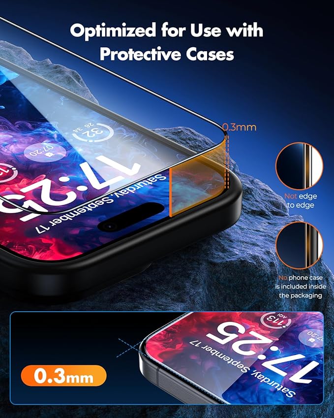 UNBREAKcable iPhone 15 Plus Screen Protector [3-Pack] Tempered Glass with Auto-Align Tech for Easy Install 9H+ Hardness Anti-Fingerprint Ultra-Clear Full-Coverage Protection 6.7-Inch