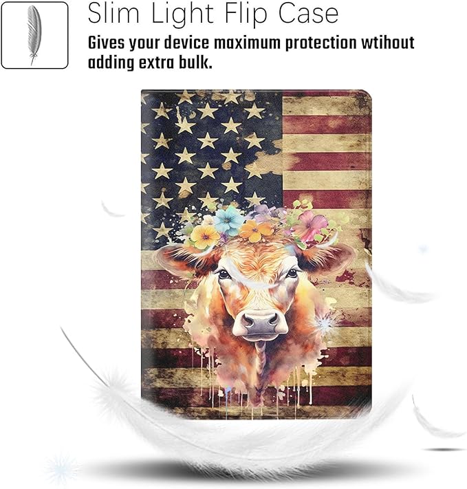 Case for iPad 10.2-Inch (2021/2020/2019 Model9/8/7 Generation)Adjustable Stand Auto Wake/Sleep Function Full Body Protection Cover - American Flag Cow