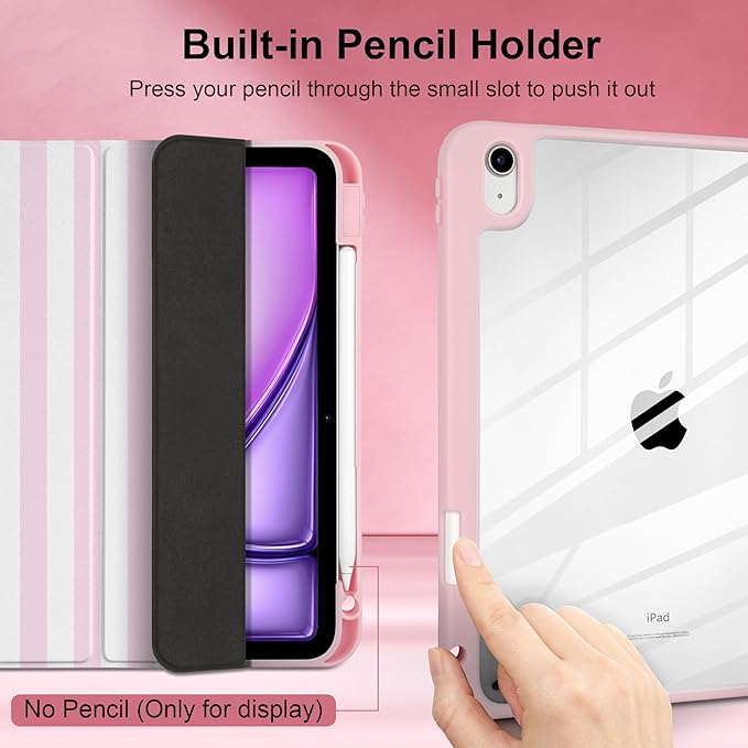 Case for iPad (A16) 11th Generation 11 inch 2025 /iPad 10th Gen 10.9 2022 - Cute Pink White Striped Trifold Cover with Clear Back Auto Sleep/WakeAesthetic Soft Protective Skin for Girls Women