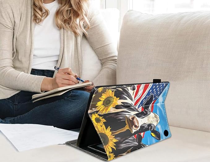 Case for All-New Amazon Fire HD 10 &amp 10 Plus Tablet 10.1 (13th/11th Generation 2023/2021 Release) Slim PU Leather Stand Cover with Card Slot &amp Auto Wake/Sleep American Flag Cow and Sunflow