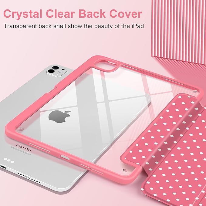 Case for iPad Pro 11 Inch (M5 2025 M4 2024) – [Built-in Pencil Holder] Shockproof &amp Stylish Clear Hard Back + Soft TPU Edge Magnetic Trifold Stand Auto Wake/Sleep Rose red White dot