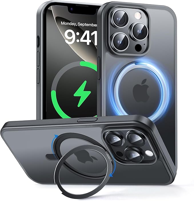 MAGIC JOHN 360° Rotatable Magnetic Invisible Stand for iPhone 14 Pro Max Case [Anti-Slip Grip] [Compatible with MagSafe] 16FT Shockproof for iPhone 14 Pro Max Case with Kickstand Black