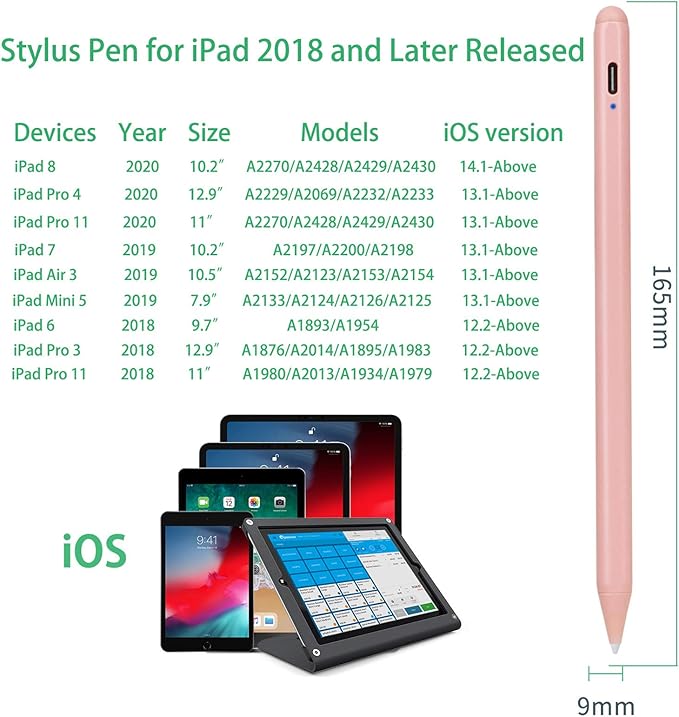 iPad 10th/9th/8th Generation 10.2 Stylus Pencil with Palm RejectionType C Charge 1.5mm POM Tip Active Drawing Writing Pen Compatible with Apple Pencil for iPad Pen 10.2-Inch 10th/9th/8th Pink