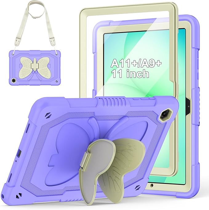 Cover for Samsung Galaxy Tab A11+ Plus/A9+ Plus Case with Screen Protector Galaxy Tab A11+/A9+ 11 inch 2025/2023 Released with Butterfly Stand Shoulder Strap Shockproof case for Kids Girl