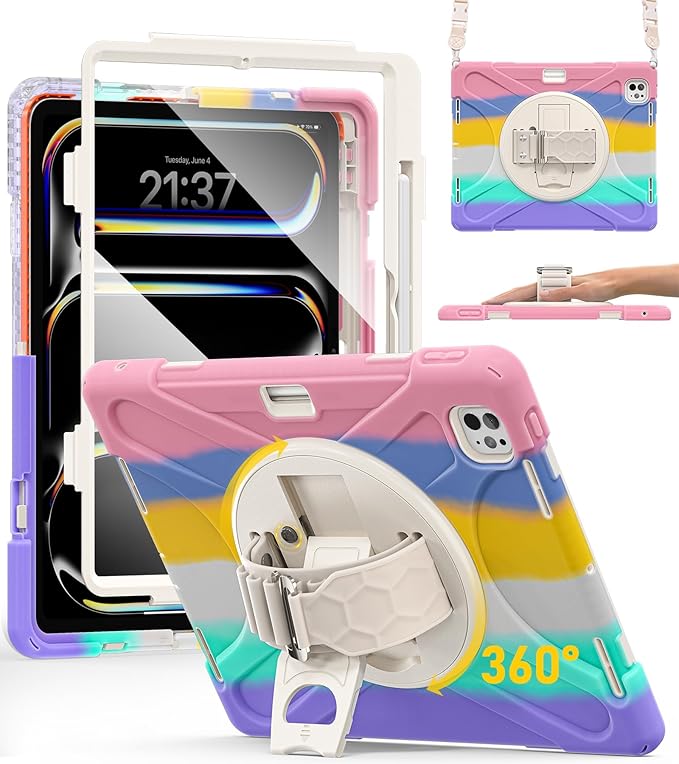 BRAECN for iPad Pro 13 inch Case M5 2025 &amp M4 2024 Heavy Duty Shockproof Protective with Pencil Holder Screen Protector 360°Rotating Stand Handle &amp Shoulder Strap Full Body Cover Kids Friendly