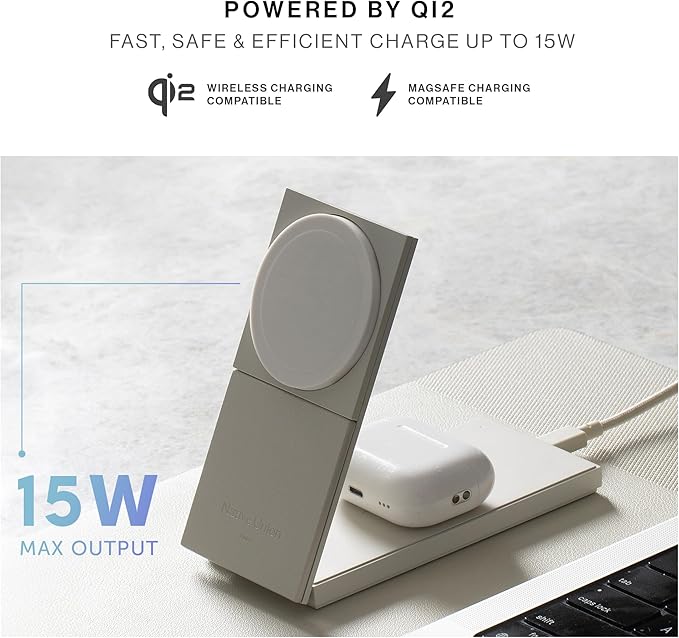 Native Union Rise 2-in-1 Magnetic Wireless Charger – Qi2 Certified &amp MagSafe Compatible – 15W Fast-Charging Foldable Charging Stand for iPhone Air 17 with Wireless Pad for AirPods Pro 3 (Sandston