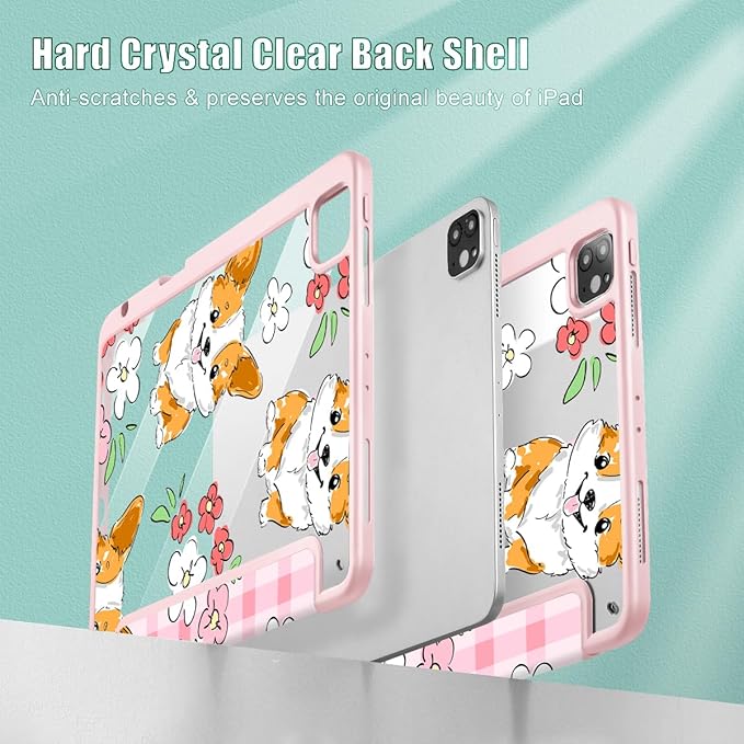 May Chen for iPad Pro 11 inch M2 4th Generation 2022 iPad Pro 11 3rd/2nd/1st Gen Built-in Pencil Holder with Shockproof Cover Clear Transparent Back Shell Auto Wake/Sleep Corgi Dog Stripes
