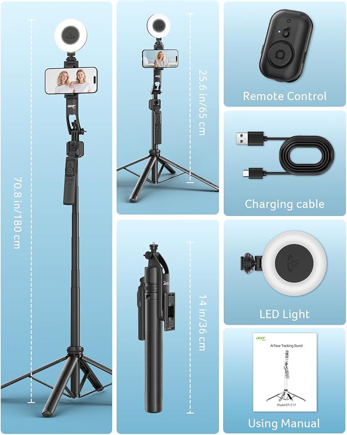 Acer Gadget Auto Face Tracking Tripod for iPhone/Cell Phone/Android/Camera with Light and Remote 64 No App 360°Rotating Tripod Selfie Stick for Tiktok YouTube Vlog Live Streaming Video Recording