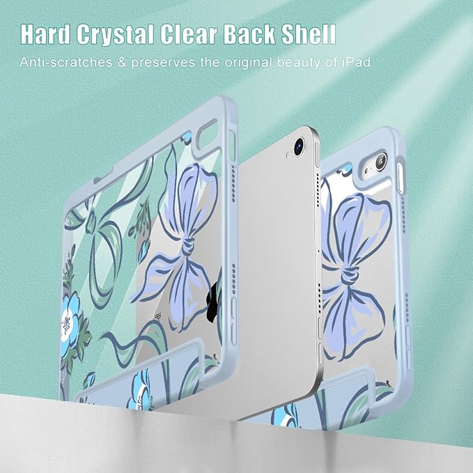 Mektron Printed Case for iPad mini 7 (A17 Pro) 2024/ Mini 6 2021 iPad mini 7th/6th Generation 8.3-inch Liquid Retina Display Cover Buit in Pencil Holder with Clear Back Shell Flowers-Bows-Blue
