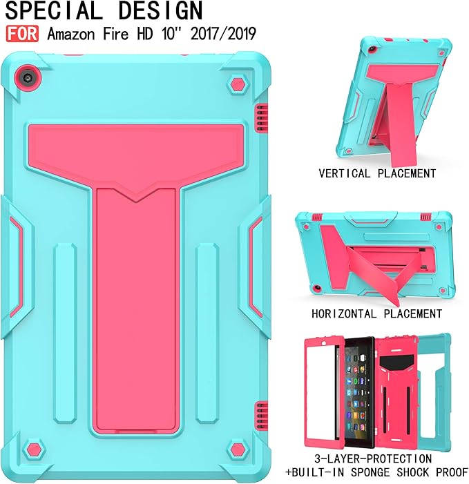 Shockproof Case for Fire HD 10 Tablet (7th/9th Generation 2017/2019 Version) Techcircle Multi-Angle Heavy Duty Bumper Defender Child Proof Rugged Case w/Kickstand Silicone Hybrid Cover Green+Rose