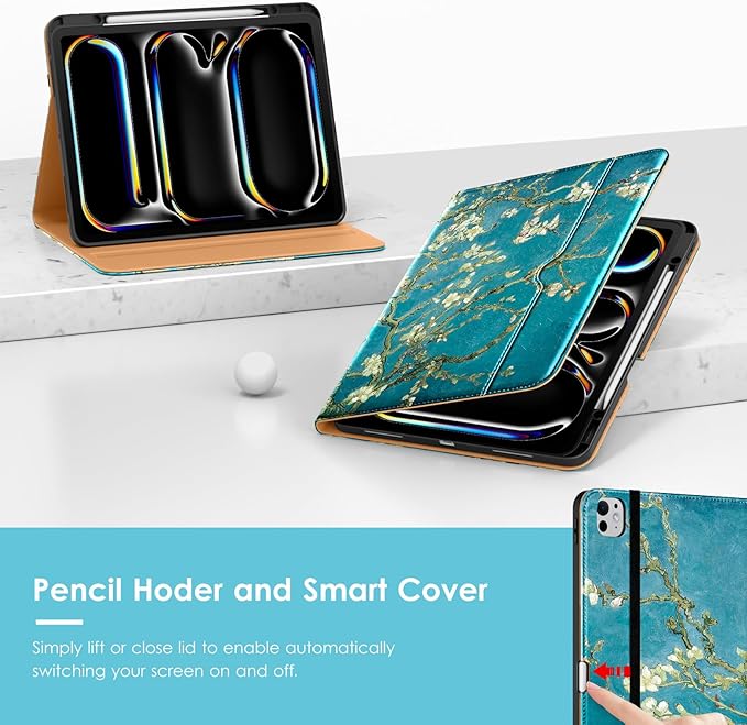 VIKESI Case for iPad Pro 13-inch M5 or M4 Released in 2025 or 2024 Leather Stand Cover with Apple Pencil Holder Auto Wake/Sleep Multiple Viewing Angles Built in Hand Strap &amp PocketBlossom