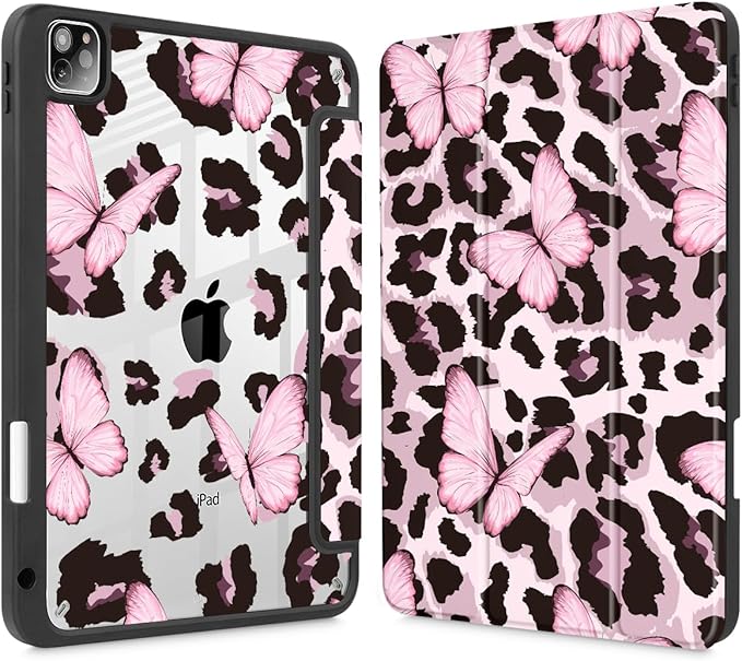 Mektron Case for iPad Pro 11 inch (4th 3rd 2nd &amp 1st Gen) 2022 2021 2020 2018 Buit in Pencil Holder with Shockproof Cover Clear Shell + Auto Wake/Sleep Leopard Pink Butterfly