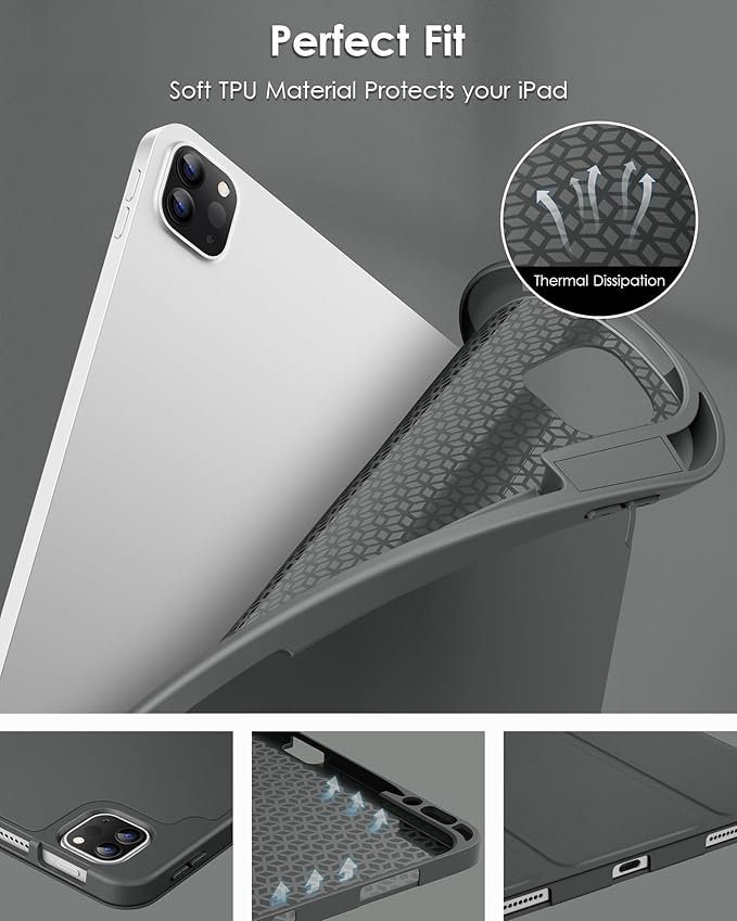 DTTO for iPad Air 13 Inch Case M4/M3/M2 2026/2025/2024 iPad Pro 12.9 Inch Case (6th/5th/4th/3rd Gen) Smart Slim Trifold Stand Soft Cover with Pencil Holder Dark Gray
