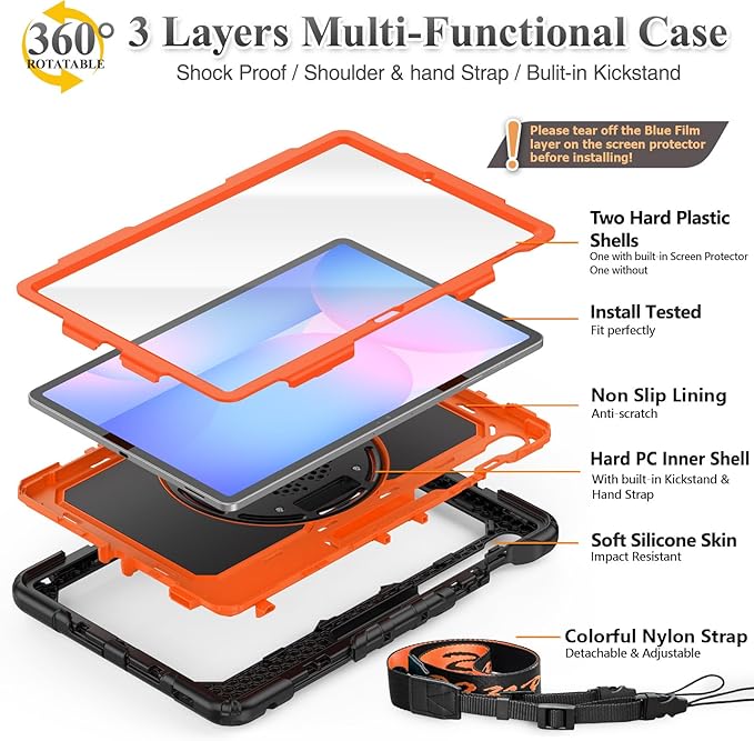 SEYMAC stock Case for Samsung Galaxy Tab S10 FE+ Plus 5G Tablet Case 13.1'' Protective with Screen Protector Pen Holder 360 Rotate Stand Hand Strap Shoulder Strap BlackOrange