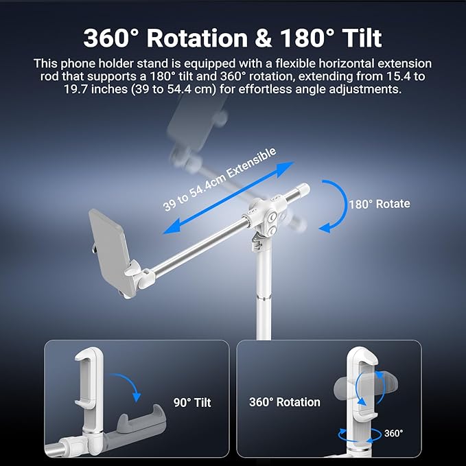 NEEWER Basics Phone Floor Stand with Horizontal Extension Arm Adjustable Cell Phone Holder Clamp Mount Compatible with iPhone Samsung for Video Recording Bed Lying Down Weighted Base ST009 White