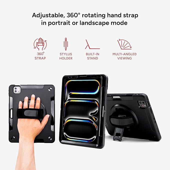 ZAGG Rugged Tablet Case for iPad Pro 11-inch (M5)/ Pro 11-inch (M4) - Protective 360° Rotating Hand Strap Integrated Kickstand Drop-Proof Ideal for Business Warehouse and Field Use Black