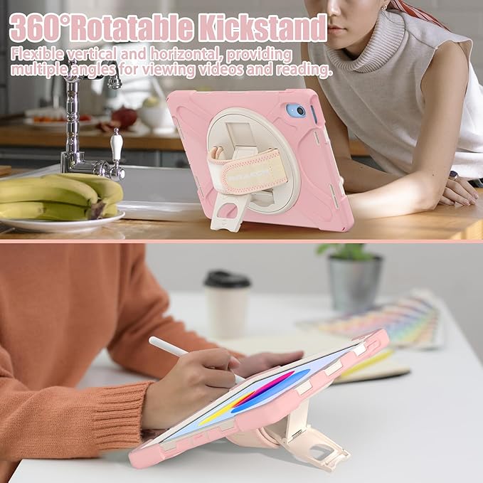 BRAECNstock Kids Case for Apple iPad (A16) 11th/10th Generation 11/10.9 20225/2022 Shockproof Protective Case with Screen Protector Pencil Holder Rotating Stand&ampHand Strap Sakura Pink