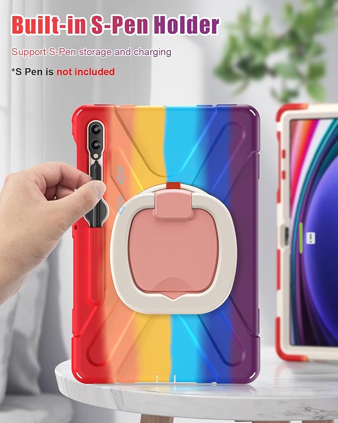 BRAECN Case for Samsung Galaxy Tab S10+/S9 FE+/S9+ 12.4” SM-X820/X610 Heavy Duty Silicone Cover w/Screen Protector/S Pen Holder/Kickstand/Shoulder Strap for Galaxy Tab S8+/S7 FE/S7+ Colorful Red