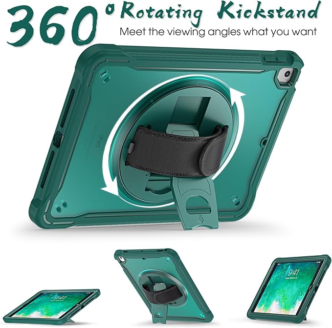 BRAECNstock Case for iPad 6th/5th Generation 9.7 inch 2018/2017ipad Air 2nd Gen &amp Pro 9.7 inch Cover for Kids with Pencil HolderScreen Protector360°Rotating Hand Strap&ampKickstand-Midnight Gr