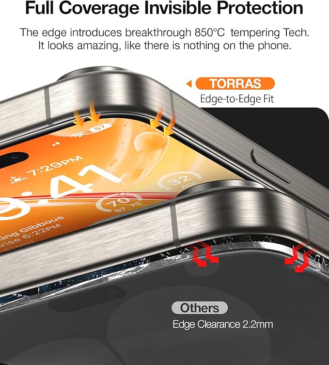 TORRAS Military-Grade Screen Protector for iPhone 15 Pro Max [9H+ Aerospace Tempered Glass＆12FT Shatterproof ] One-Step Installation Full Coverage Fit Bubble Free Top-Notch Protection 2 Pack