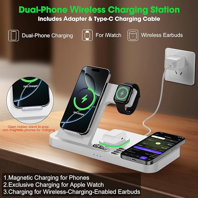 Dual Phone Wireless Charging Station for Apple Devices Magnetic Charging Station for iPhone with Auto Switch 7-Color Light&ampClock Family Watch Charger for iPhone17 for iWatch11 for AirPods Pro3(S